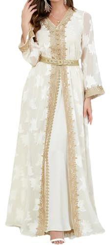 Marokkanischer Kaftan für Damen, bestickt, Chiffon, Abaya, Gürtel, 2-teilig, Ramadan, muslimisch, arabisch, Abendkleid, Hochzeitskleider, Weißes Set, X-Large