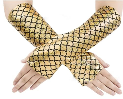 Yurosiay Damen Meerjungfrau Handschuhe Bunt Schuppenmuster Fingerlose Handschuhe Fischschuppen Bedruckt Armstulpen Fingerlos Cosplay Party Handschuhe für Karneval Party Halloween Tanzen Gold