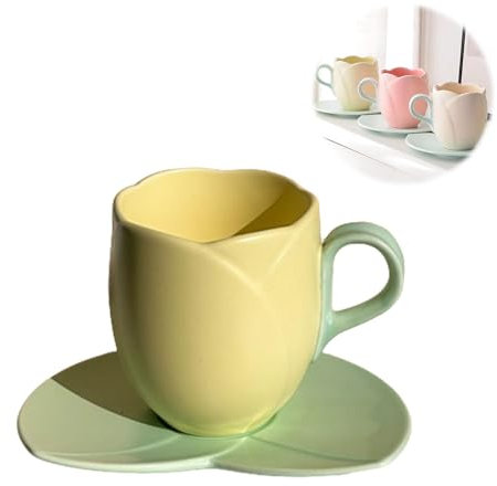 DOYEFZQC Yasumint Taza De Tulipan, Linda Taza de café de tulipán, Taza de tulipán, Linda Taza Rosa para Mujer con platillo (D)