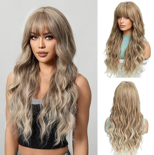 OUFEI Lange Hellbraune gemischte Blonde Perücke mit Pony Natürliche gewellte Perücken für Frauen Natürliche Synthetische Haare Hitzebeständige Perücken für Tägliche Party Cosplay Tragen