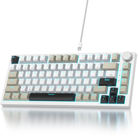 Owpkeenthy 75% Keyboard, 82 Key Gasket Mounted Mechanical Gaming, Wired RGB Backlit NKRO Compact Hot Swappable Keyboard with Volume Knob for PC Laptop (82 Gray White)