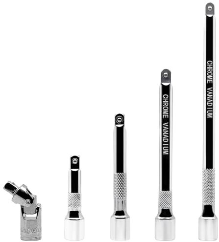 5 Pcs Extension Bar Set,1/4 Socket Extension Set, Include 4 Pcs Extensions(2/50mm, 3/75mm, 4/100mm, 6/150mm) and 1 x 1/4 Inch Drive Universal Joint Socket, Chrome Vanadium Steel,Vehicle tool