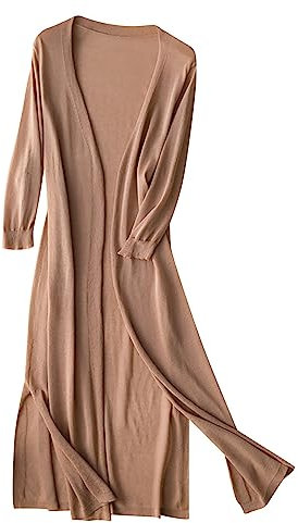 Cardigan en lin léger pour femme - Cardigan d'été long et aéré - Couleur unie - Cardigan doux - Veste de transition cool - Décontractée - Drapée - Veste d'été - Veste d'automne, marron, XXL