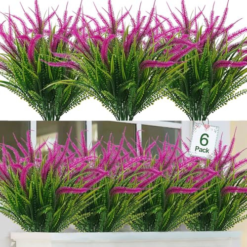 ASTNIC 6 Bundles Artificial Flowers Outdoor Fake Shrubs Lavender Flowers UV Resistant Faux Plastic Greenery Plants for Hanging Planter Home Garden Window Boxes Table Flowers Decor (Fuchsia)
