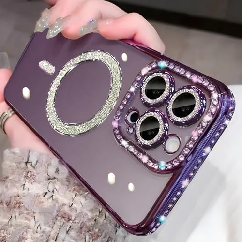 Bakicey Hülle für iPhone 12,Kantenbohren mit Mag-Safe TPU Handyhülle Durchsichtig Glitzer Schutzhülle Süße Kratzfest Bling Bling Luxuriös Case Cover für iPhone 12,Lila
