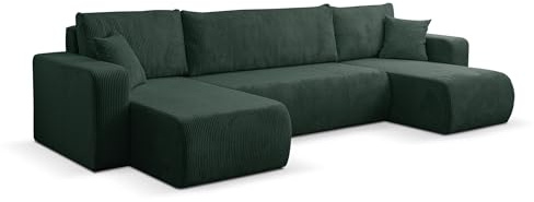 VENASI MÖBEL Wohnlandschaft mit Schlaffunktion Luna U, Grün Cordstoff | Sofa mit Bettkasten, Schlaffläche 125 × 268 cm, inkl. Kissen & Aufbauanleitung