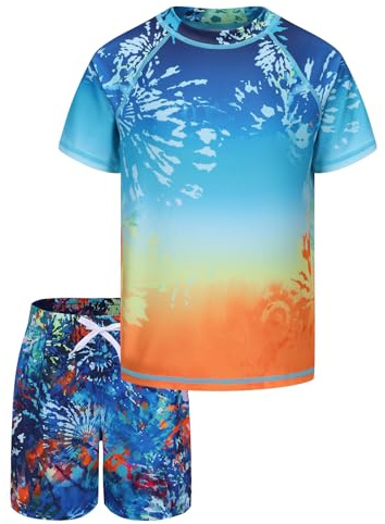 Maillot de Bain Enfant Garçon 2 Pièces - T-Shirt Anti UV à Manches Courtes et Short de Bain pour Surf Natation - 7-8 Ans