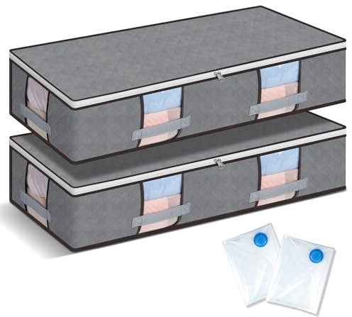 AiQInu Unterbett Aufbewahrungsbox Set, 2 Stück Unterbettkommode Aufbewahrungstasche mit 2 Stück Vakuumbeutel, für Kleidung Decken Bettdecken(97x 43.5x 20 cm)