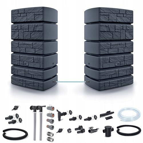 Dikel - Tower Stone - Regentonne - Wassertank - Regenfass - Regenwassertonne mit Zubehör - Regenwassertank - Wassertonne, Wasserfass, Regenwasserspeicher 1000l, Anthrazit