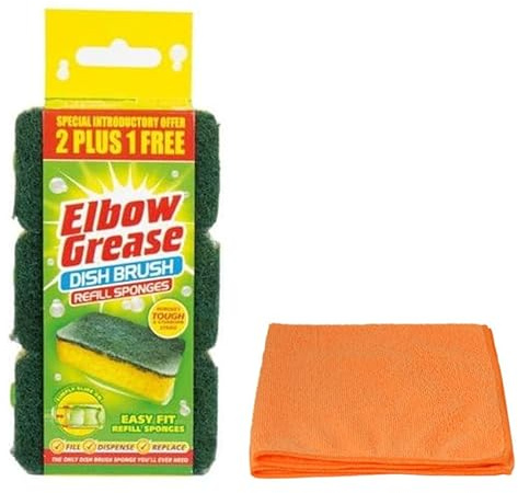 3X Elbow Grease Washing Up Brush Refills Sponges - For Tough and Stubborn Stains -with Ultra Absorbent Microfibre Cleaning Cloth