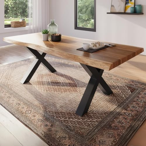 trelevo Esszimmertisch 200x100 cm, Akazienholz massiv, Tischplatte naturfarben, echte Baumkante, X-Gestell schwarz, Baumkantentisch