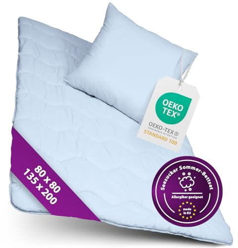 AddLiving Seerzucker 2in1 Bettenset blau | Steppbettdecke 135x200 & Kopfkissen 80x80 Set | Bettwaren & Bettwäsche | Waschbare Bettdecke & Schlafkissen | Atmungsaktiv & Pflegeleicht | Öko-Tex 100
