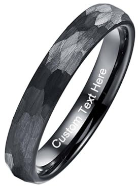 Vakki Personalisiert Schwarzer Damen Ringe 4mm Hammerschlag Wolfram Ring Schwarz Gehämmerter Ehering mit Eingraviertem für Frauen Größe 60(19.1)