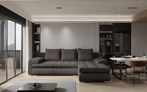 Kaiser Möbel - Ecksofa mit Schlaffunktion und Bettkasten - Tomi Couch für Wohnzimmer - Wohnlandschaft L Form - Boucle-Polsterstoff Abriamo - 150x237x85cm - RechtsBraun