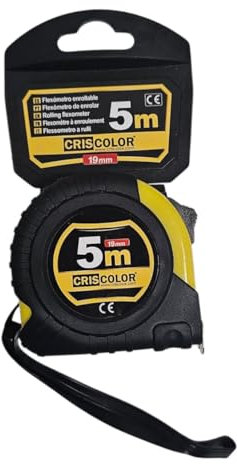 CrisColor - Flessometro a rullo professionale da 5 metri, nastro metrico con chiusura automatica, scala metrica precisione MID, 5 m (confezione da 1), nero, giallo