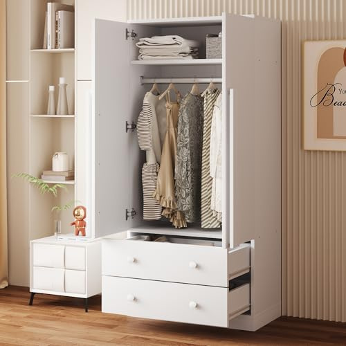 Moimhear Kleiderschrank, 70x40x170cm, Doppeltüren-Design, mit Schubladen und Ablagefächern, Verwendung im Schlafzimmer (Weiß (Doppeltürenausführung mit 2 Schubladen))