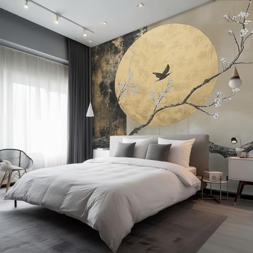 Générique Papier Peint Intissé Oiseaux Japonais 300 x 210 cm Papier Peint Panoramique Grandes poster Mural Photo pour Salon, Chambre, Décor Fond TV, Kaki