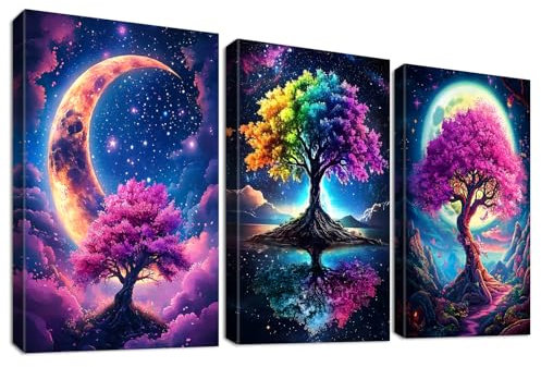 HALFLEMART 3Pcs Cadre en Bois Impression sur Toile Arbre de Vie Coloré Tableau Image sur Toile Lune étoilée Peinture Forêt Fantastique Tableau Decoration Murale Salon Chambre Salle de Bain 40x60cm x3
