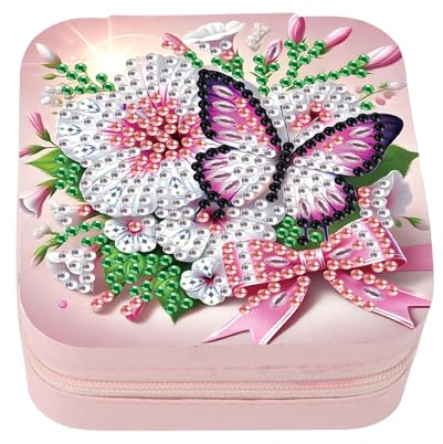 DCIDBEI Diamond Painting Schmuckkästchen Reise Schmuckkästchen Damen Klein Diamant Malerei Aufbewahrungsbox Schmuckkoffer Klein Schmuckbox Reise für Ringe Ohrringe Halskette Pink Schmetterling