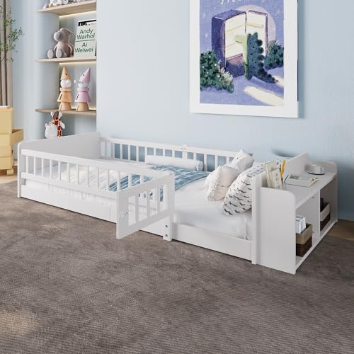 Kinderbett Bodenbett 90x200 mit Rausfallschutz&Lattenrost, Montessori Bett mit Regal&Stauschrank&Tür, Gitterbett Jugendbett Einzelbett Holzbett Bettgestell Spielbett, Kiefernholz, Ohne Matratze, Weiß