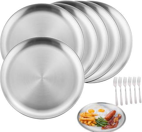 Mornly 6x Edelstahl Teller 20cm + 6x Grillgabel Set – Premium Camping Geschirr & Edelstahl Platten für Küche, Gartenparty & Outdoor