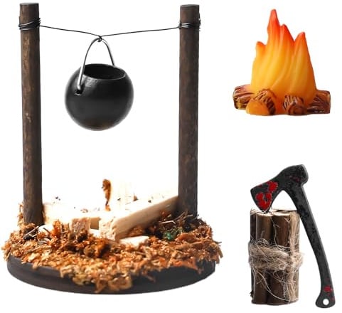 Mini Lagerfeuer Wichtelzubehör, Miniatur Zubehör, DIY Puppenhaus Zubehör mit Axt und Feuerstelle, Bonfire Wichtel Werkzeug, Kamindekoration, Holz Puppenhaus für Weihnachten Dekorative Ornamente