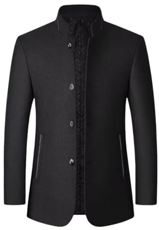 HUIANGLIYG Blazer de Tweed Vintage para Hombre, Chaqueta de Traje de Mezcla de Lana con Espiga, Cuello Mandarín, Gabardina Corta de Lana, Abrigo Entallado de Una Sola Botonadura para Otoño E Invie
