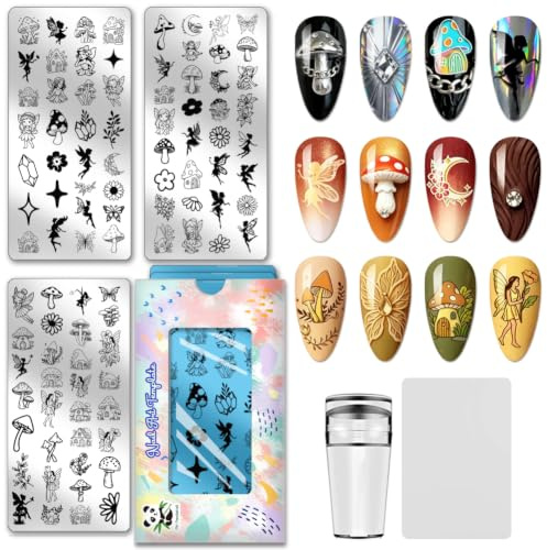 PH PandaHall 3 Stück Pilz Nagel Stempelplatten Feen Nägel Kunstschablonen Fantasie Nagelstempel Blumen Schmetterlinge Maniküre Kunstvorlagen Mond Und Stern Nägel Design Stempel Für Frauen Maniküre