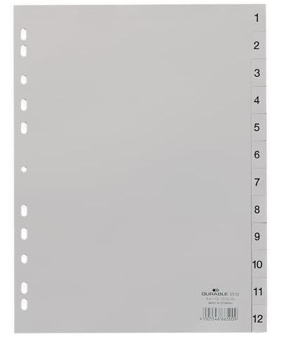 Durable Register für DIN A4, volldeckend (8er Pack - grau, Register 1-12)