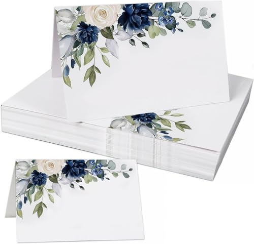 CharmeFleur 50 stycken blommiga placeringskort 5 x 9 cm akvarell blå vita blommor med blad bord namnkort för bröllop