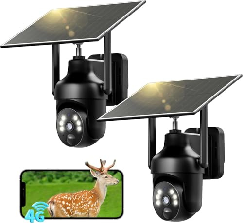 SEHMUA 4G LTE Cámara Vigilancia Exterior Solar con SIM, 【2 Unidad】 2K 360° Camara Solar 4G con Visión Nocturna en Color, PIR Detección de Movimiento, Audio Bidireccional, IP66