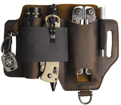 Men Leather EDCs Organizer Sheath – Leather Pouch, Belt Pocket Organizer with Pen Slot, Compact Holder for Knives, Flashlight, Car Key, Pocket Everyday & Carry Tools Use