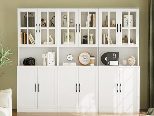VOWNER Bücherregal mit Glastüren und offenem Fach, 180 cm Hochschrank, 5 Ebenen Bücherschrank, Standregal Vitrinenschrank, Buffetschrank mit Arbeitsplatte, 60x40x180 cm, für Wohnzimmer, Büro (3PCS)