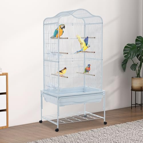 XXL Vogelvoliere Großer Vogelkäfig 63.5 x 53.5 x 138cm, Vogelbauer Wellensittich Kanarien mit Holzstangen und 4 Rollen mit Schmutzwanneneinsatz, Weiß