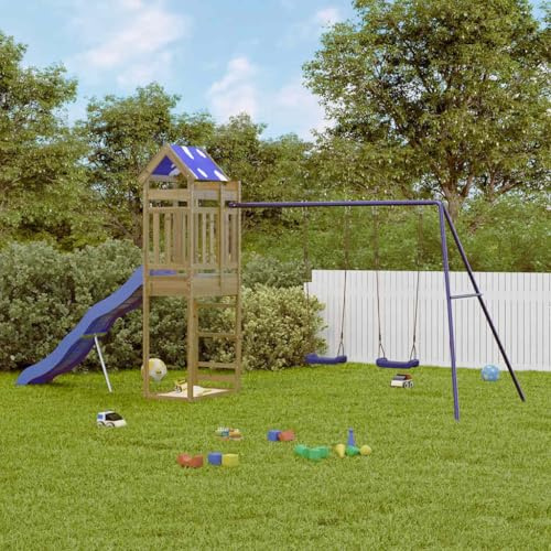 Runheo Imprägnierter Kiefernholz Spielturm mit 118 cm Podest, Wellenrutsche, Doppelschaukel und Sandkasten, A Gestell, für Garten Hof Terrasse ab 3 Jahren