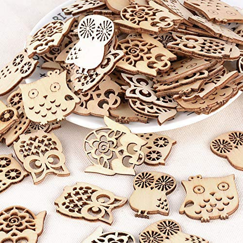 JNCH 100 STK kleine Holz Anhänger Scrapbook Geschenk Dekohänger DIY Deko Handwerk Basteln für Bonboniere Gastgeschenk Box Geschenkbox Weihnachten Adventskalender Beutel Säckchen (Eule Muster)
