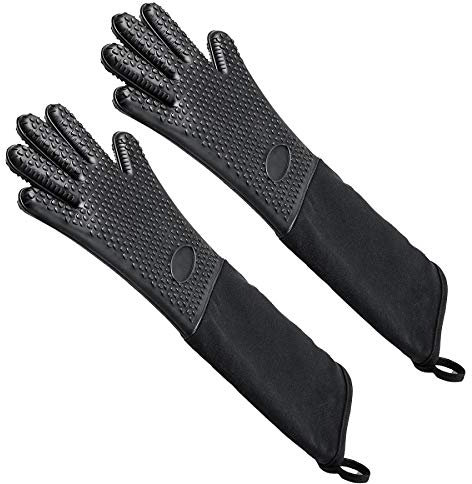 Extra Long Silicone Oven Gloves Heat Resistant, Non-Slip Cotton Quilted Oven Mitts, Oven Mitts For Grilling,Cooking, Baking - Black Long Oven Gloves