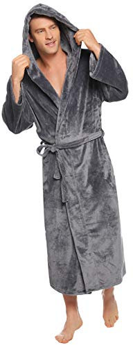 Vlazom Men Dressing Gown, Flannel Soft Bathrobe Cosy Warm Robes Fluffy Hooded Housecoat forWinter Loungewear, A-dark Grey, XL