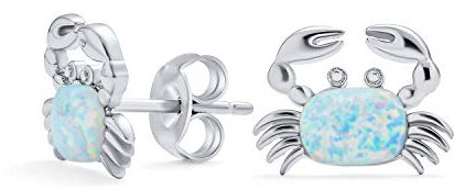 Kleine Edelstein Tropische Urlaub Nautisch Erschaffene Weiße Opal Strand Sand Krabben Ohrstecker Für Frauen .925 Sterlingsilber Oktober Geburtsstein