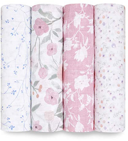 aden + anais Pucktücher, Baby-Decken aus 100% Baumwoll-Musselin für Neugeborene Mädchen & Jungen, Wickeltücher-Set für Säuglinge & Kleinkinder, 120x120cm, 4er-Pack, ma Fleur