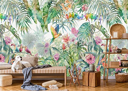 SILK ROAD EU Papier Peint Panoramique Jungle Soie, Personnalisable, Poster Geant Mural 3D pour Salon Chambre Décoration Murale, Forêt Tropicale Perroquet Dos De Tortue Bambou Palmier Quitte