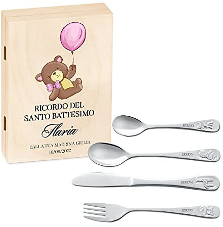 Maverton Set di 4 posate per bambini con incisione + scatola in legno con stampa personalizzata - motivo animali - idea regalo neonata femmina - dolcezza