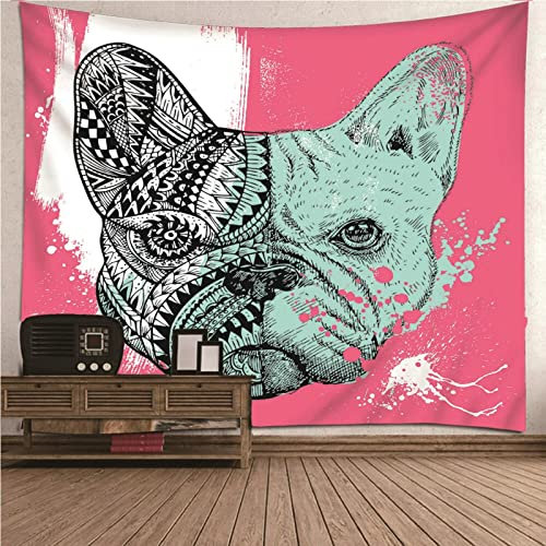 Aotiwe Tapisserie Kamin, Wanddekoration Wohnzimmer Mops Muster aus Polyester Rosa 240X220Cm für Wohnung