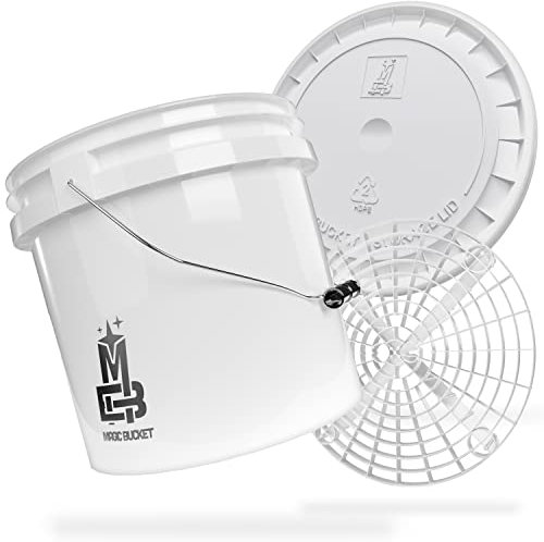 MAGIC BUCKET | Auto Handwäsche Bundle | Wascheimer mit passendem Eimer Deckel 3,5 US GALLONEN ca. 13 Liter | Mit Grit Guard Eimereinsatz Schmutzsieb | Waschset Weiß/Weiß