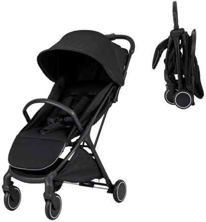 GOPLUS Zusammenklappbarer Kinderwagen, Buggy mit Verstellbarer Rückenlehne & Fußstütze & Bremse, 5-Punkt-Gurt, Einhändiges Sammeln, Vordach mit Fenstern, Aufbewahrungstasche, für 0-3 Jahre (Schwarz)