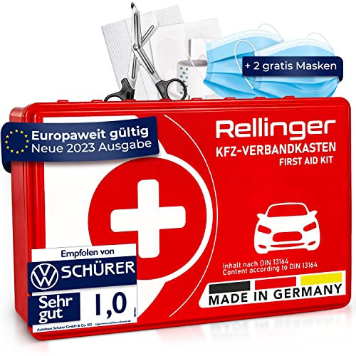 Rellinger® Hartplastik Verbandskasten Auto 2024 für HU geprüft [EUROPAWEIT GÜLTIG] - inkl. Gesichtsmasken - Vollständiges Erste Hilfe Set Auto [DIN 13164 ZERTIFIZIERT] Made in Germany - StVO konform