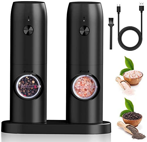 Bestore Electric Salt and Pepper Grinder Set, 2pcs USB Rechargeable Set Adjustable Coarseness with Base Mill LED Light, One Hand Operation, Black