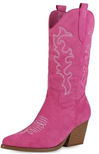 VAN HILL Damen Stiefel Cowboystiefel Stickereien Schuhe Holzoptikabsatz Western Boots Spitze Veloursleder-Optik Freizeitstiefel 210492 Fuchsia Velours 36