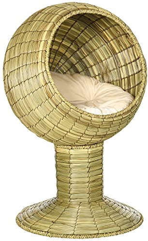 PawHut Raised Cat House, Natural Mat Grass Cat Bed, Kitten Cave with Cushion, Detachable Top, Yellow, Φ41x 69 cm