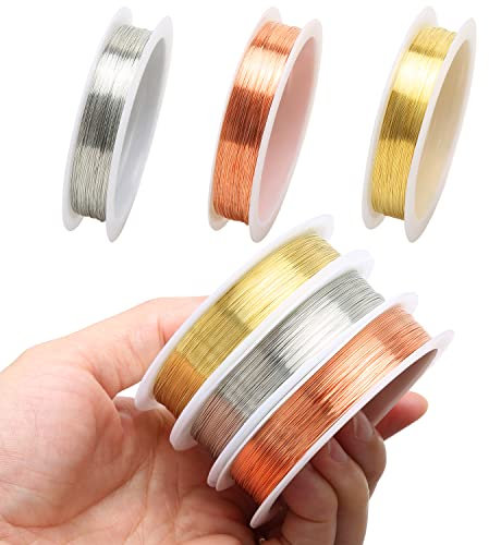 POXIAOER 90m Schmuckdraht 6 Rollen 0,3 mm/15m, Draht zum Basteln, basteldraht dünn für Blumengestecke und Schmuckherstellung, Silber/Gold/Roségold Kupferdraht
